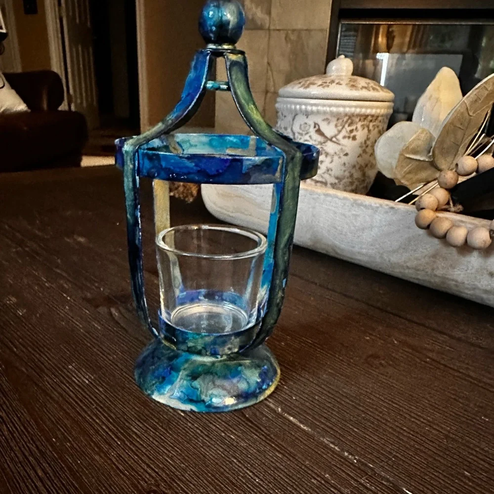 Handcrafted blue metal lantern votive holder with glass cup decorative accent
